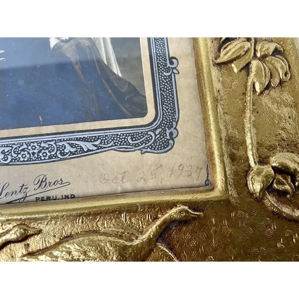 European Style Art Nouveau Brass‎ Metal Frame Vintage Girl Geese Floral Accents